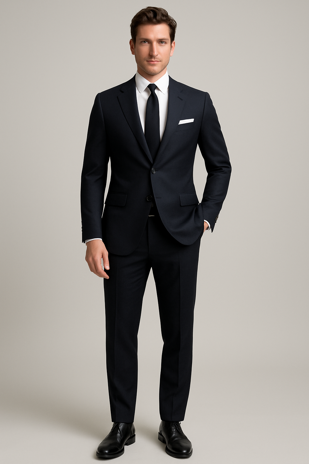 Man wearing a black suit with a white shirt and black tie on a gray background