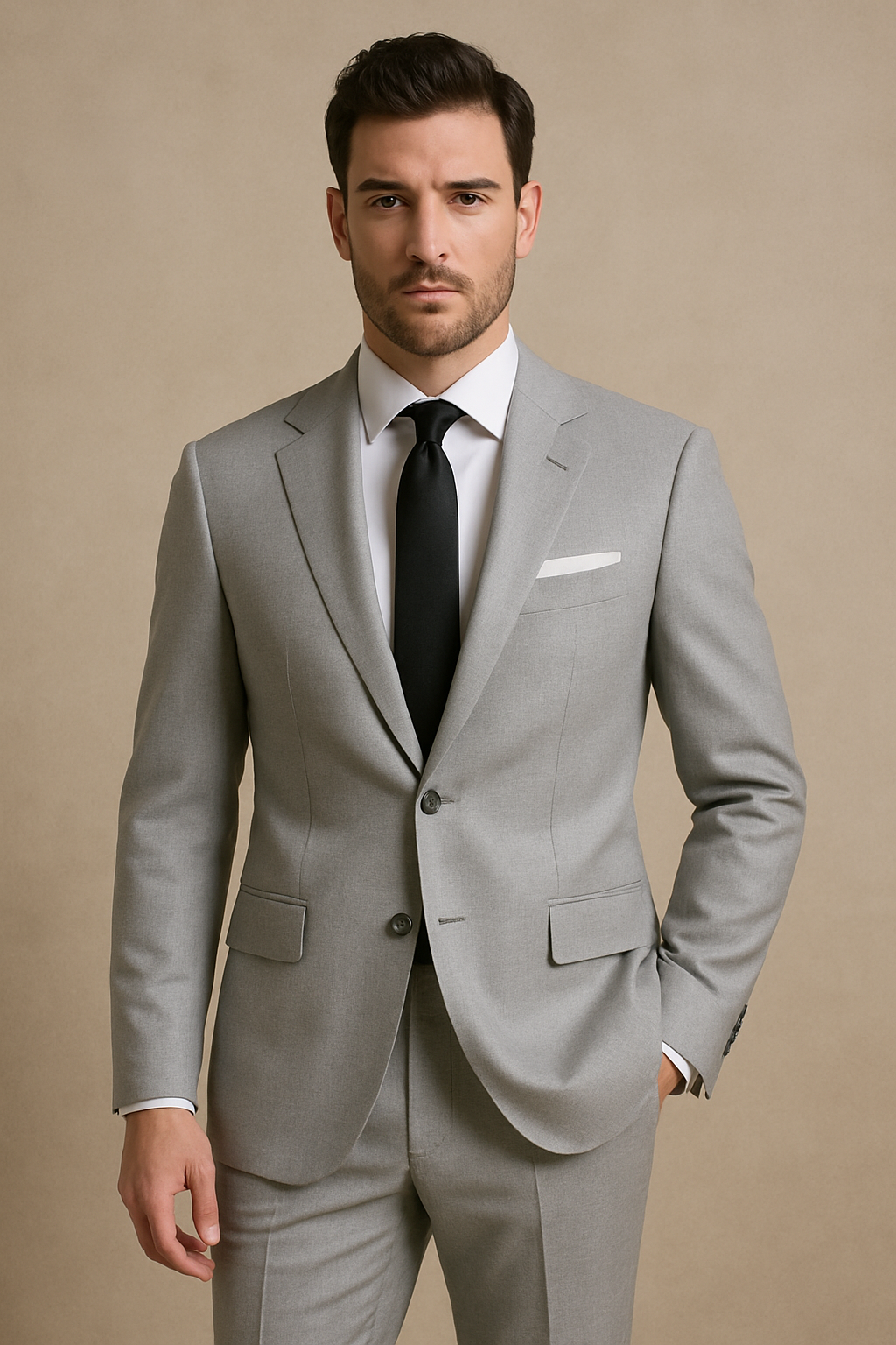 Man wearing a gray suit with a black tie on a beige background
