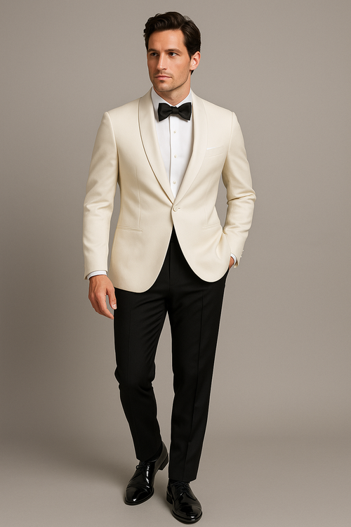Man wearing a white tuxedo with black bow tie and pants on a plain background