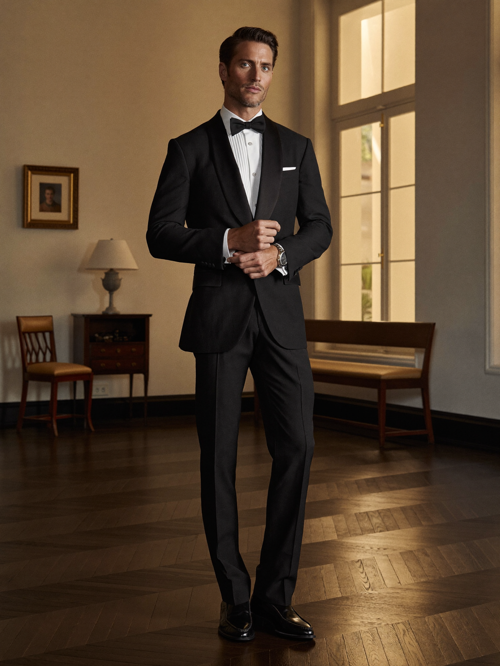 Midnight notch-lapel tuxedo on model
